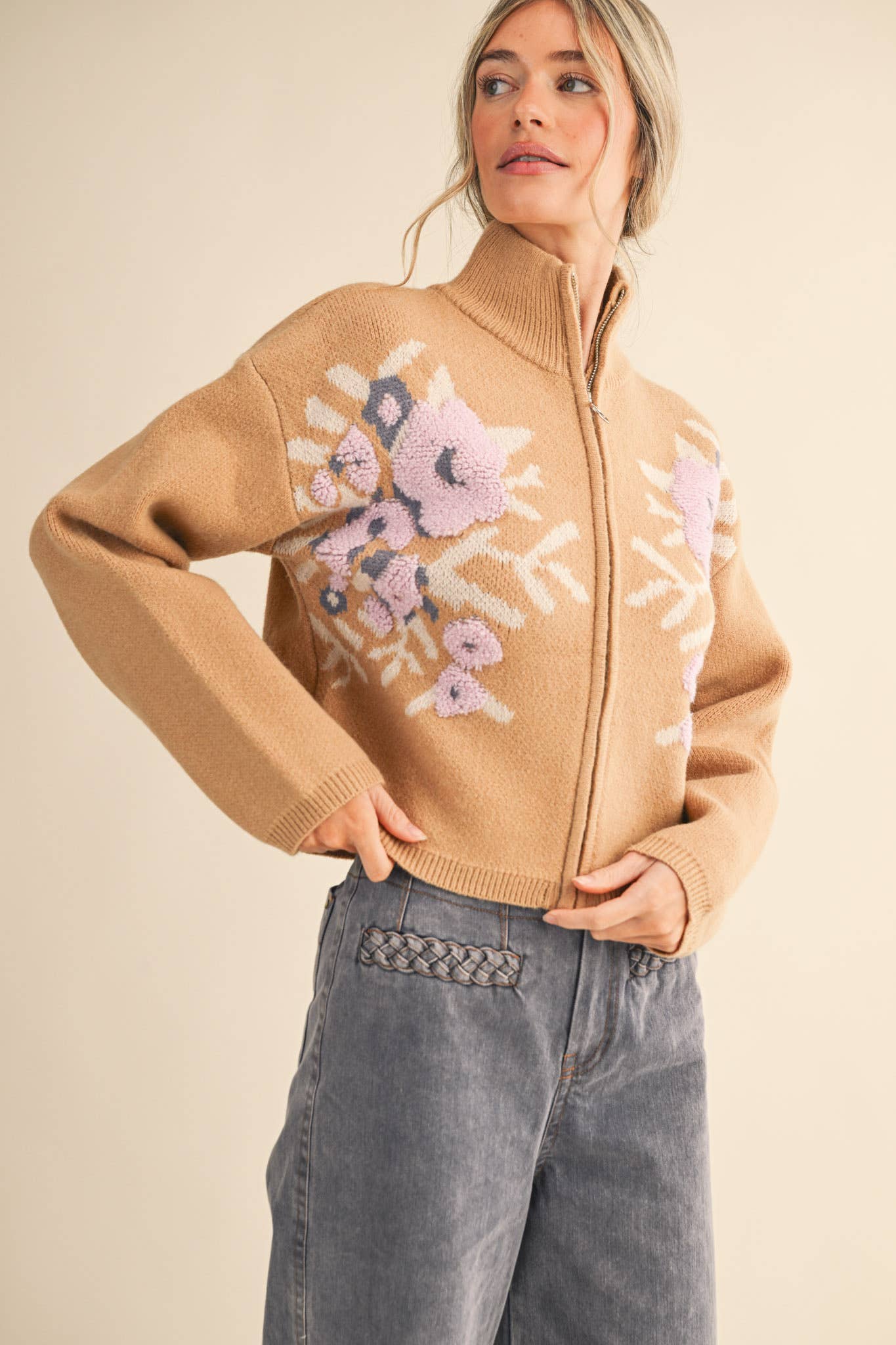 Floral Zip Up Sweater Cardigan
