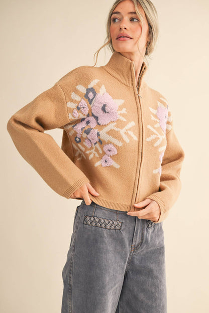 Floral Zip Up Sweater Cardigan