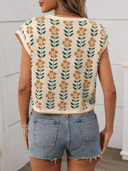 Retro Floral Knit Short Sleeve Vintage Pullover Tee