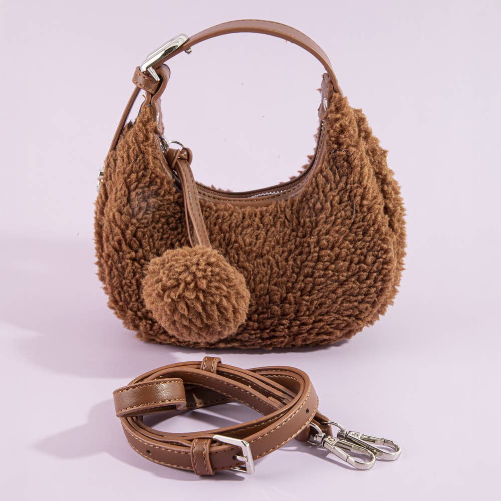Sherpa Fleece Pom Charm Hobo Bag