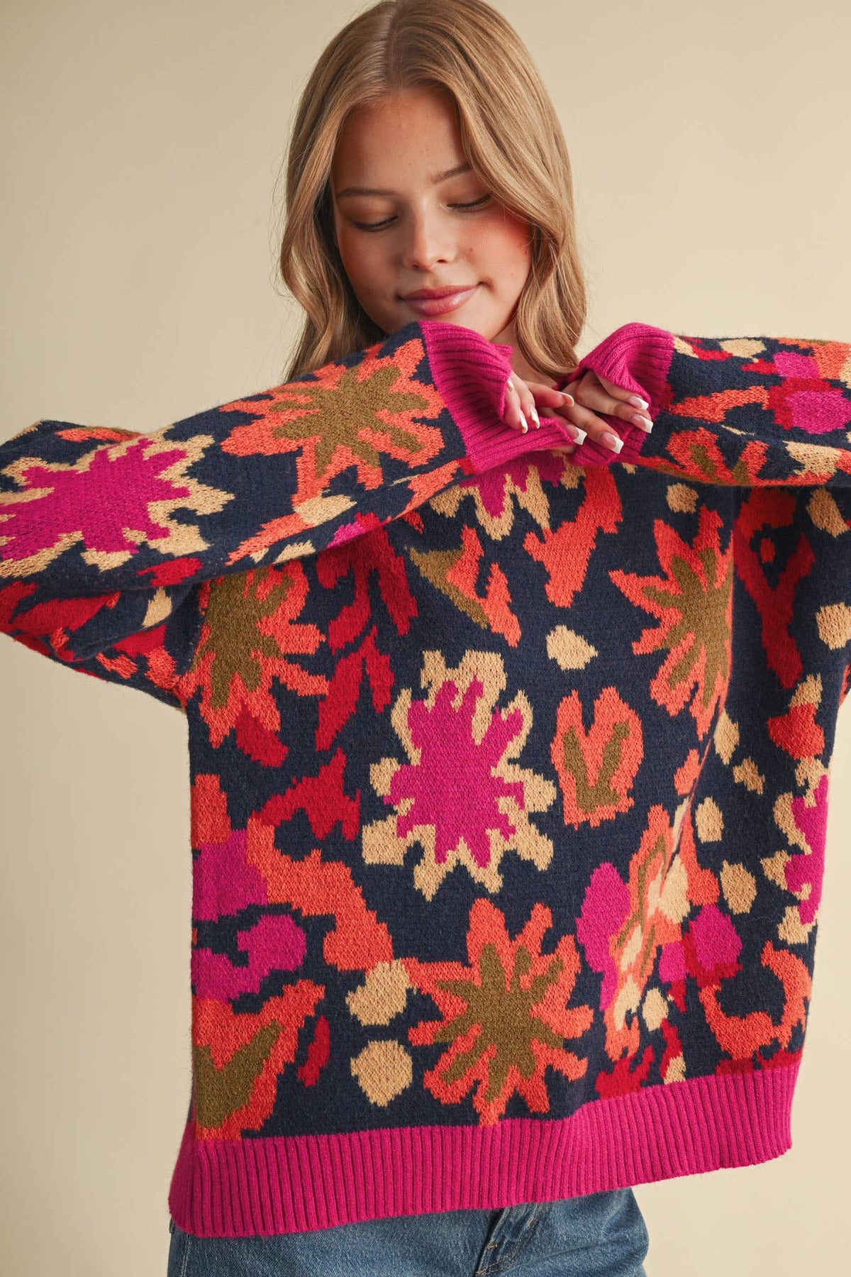 Navy and Pink Abstract Floral Knit Sweater