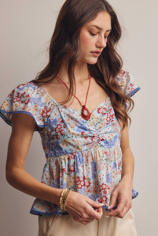 Floral Ruched Peplum Cotton Top