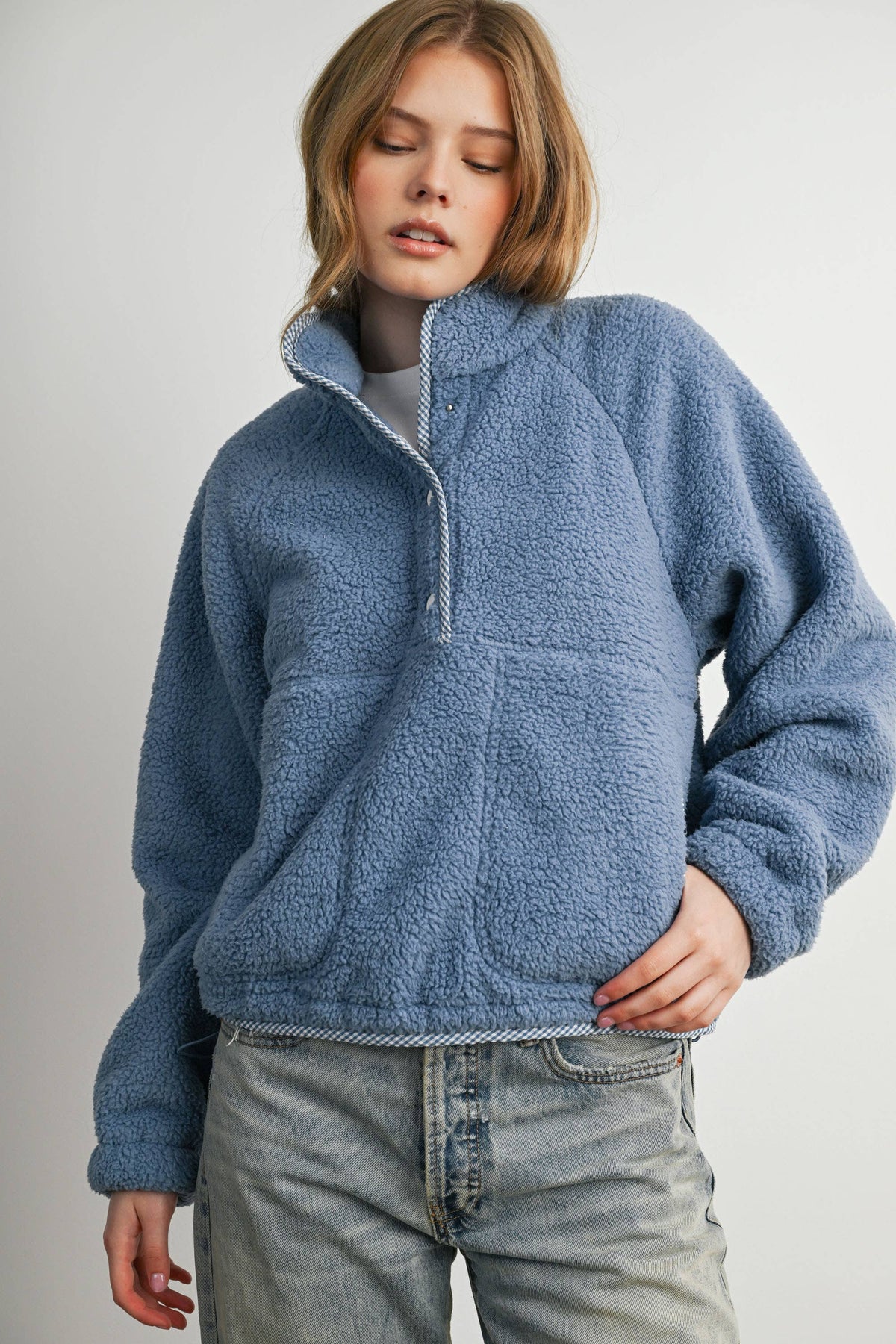 Blue Casual Half Button Fleece Sweatshirt
