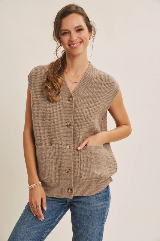 Light Brown Textured Thermal Button Down Sweater Vest