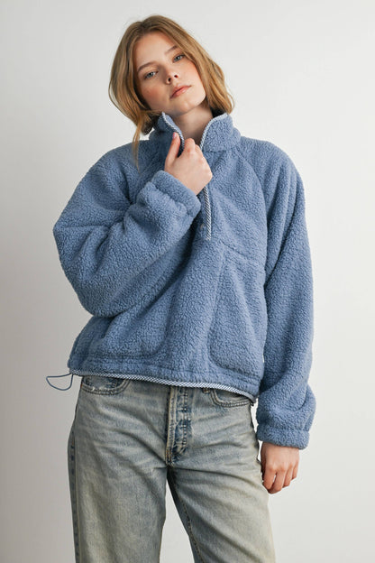 Blue Casual Half Button Fleece Sweatshirt