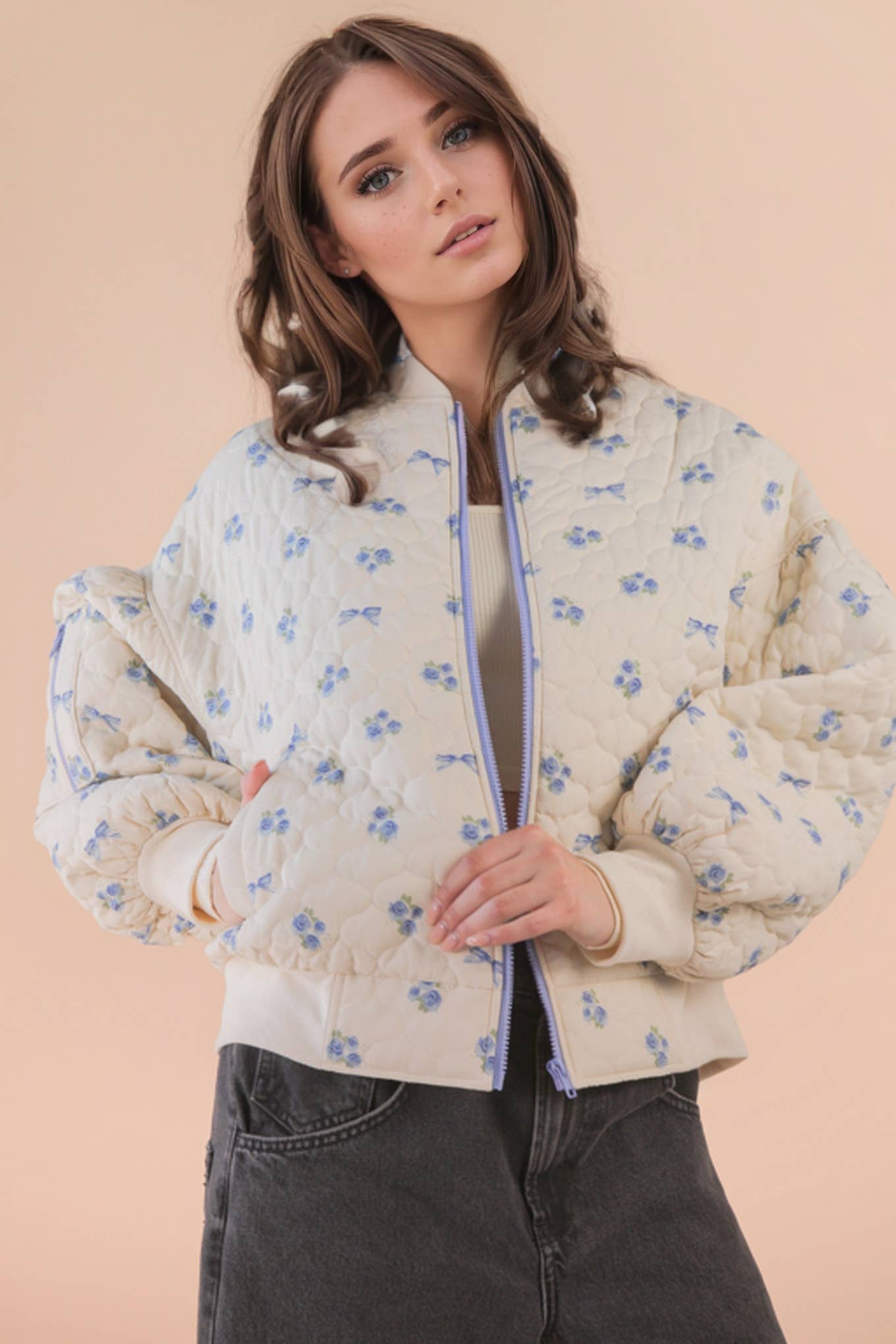Floral Printed Quilted Oversized Casual Jacket