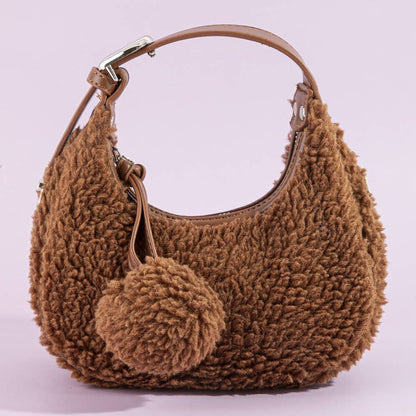 Sherpa Fleece Pom Charm Hobo Bag