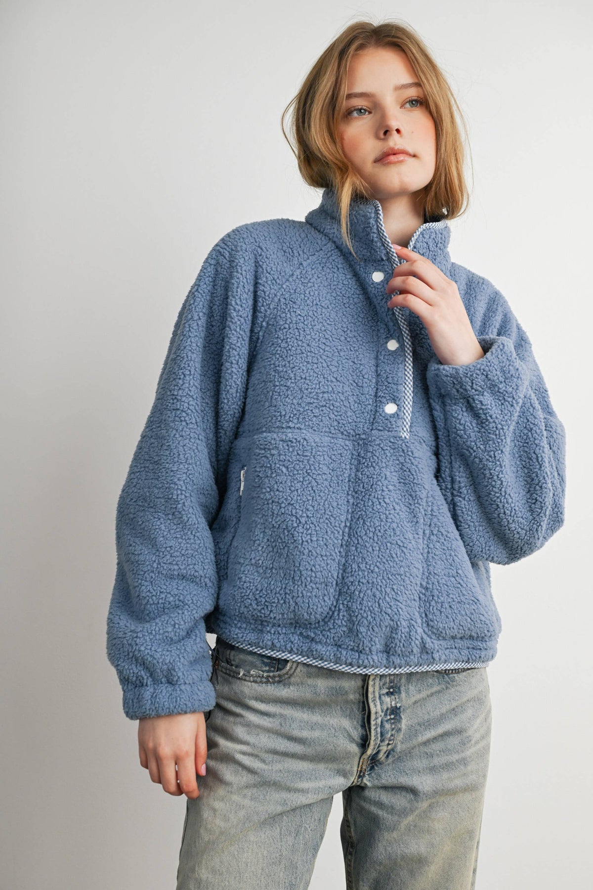 Blue Casual Half Button Fleece Sweatshirt