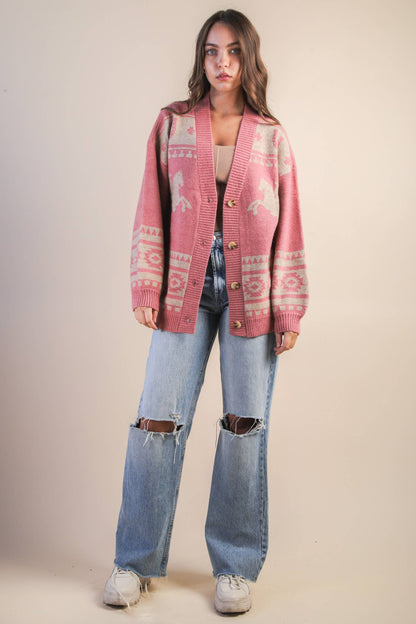 Mauve Oversized Western Graphic Knit Cadigan
