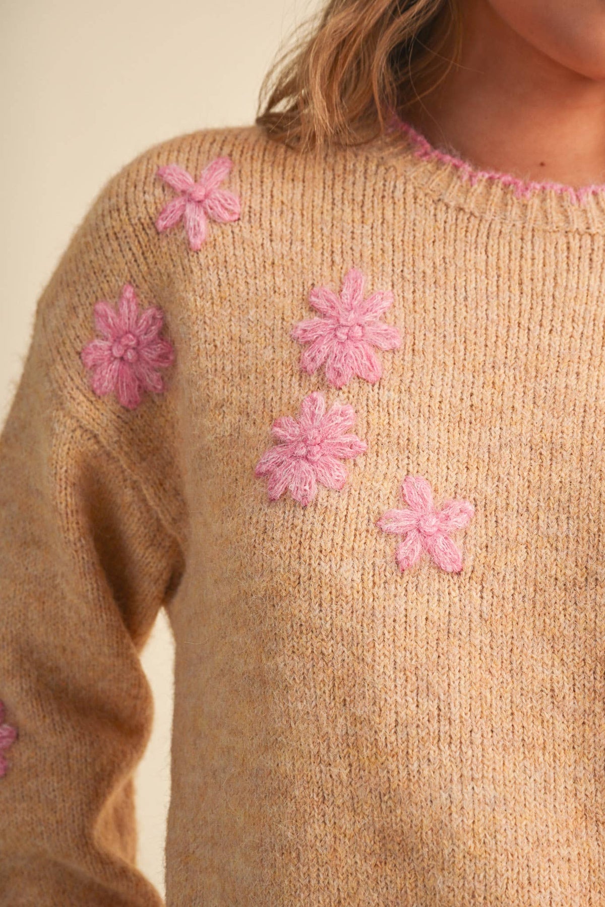 Desert Rose Scalloped Edge Pullover Sweater with Hand Embroidered Floral
