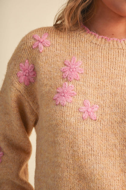 Desert Rose Scalloped Edge Pullover Sweater with Hand Embroidered Floral