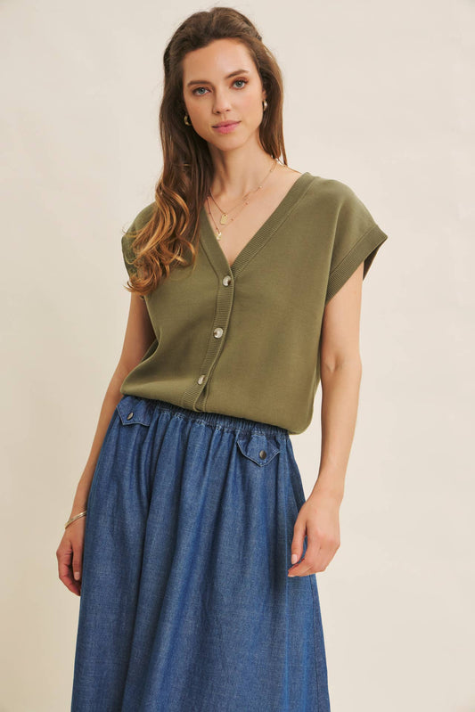 Olive Green Cotton Button Down Sweater Vest