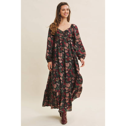Black and Wine Autumn Floral Crinkled Smocked Maxi Dress