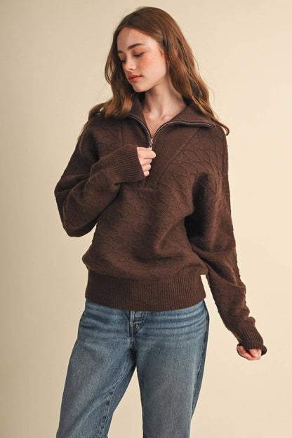 Shell Stitch Chocolate Brown Mock Neck Half Zip Pullover Sweater