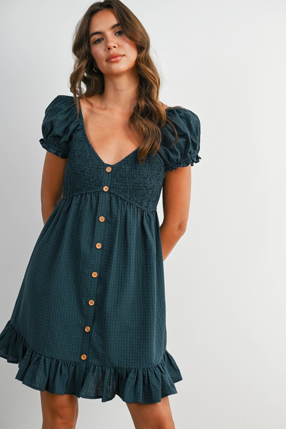 Dark Green Gingham Button-Front Mini Dress