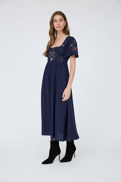 Navy Bell Sleeve Midi Dress with Embroidery Detail
