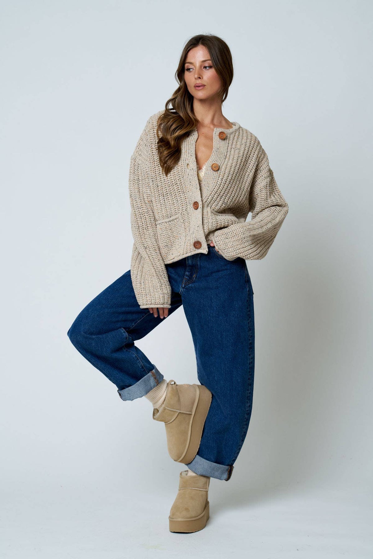 Light Khaki Button Down Raw Edge Chunky Knit Cardigan