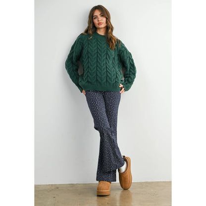 Green Cable-Knit Long Sleeve Sweater