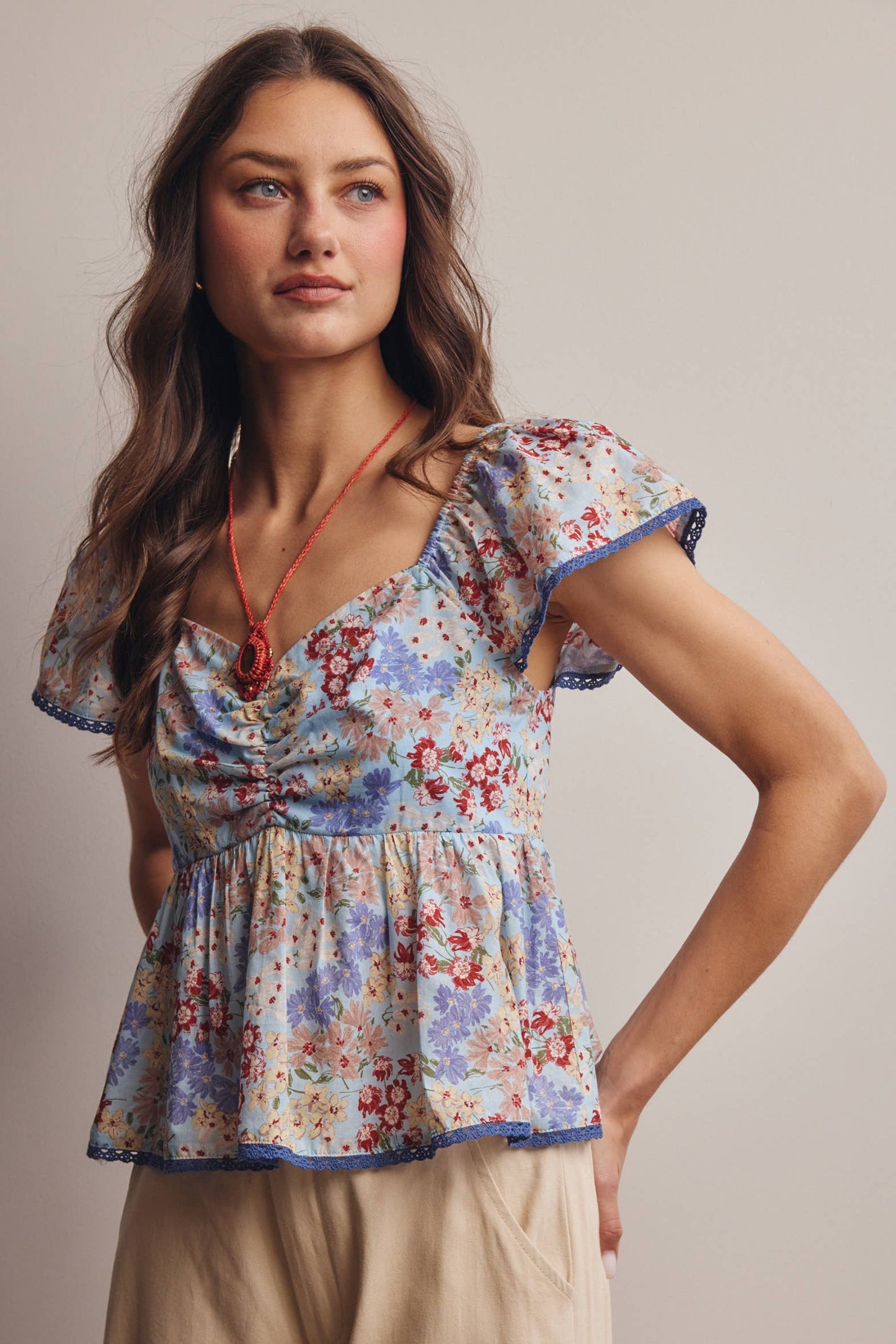 Floral Ruched Peplum Cotton Top