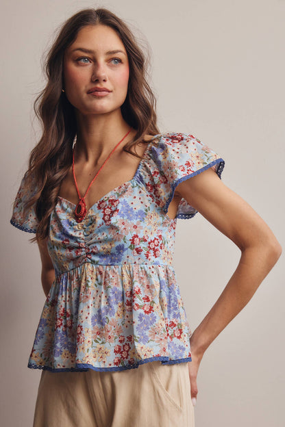 Floral Ruched Peplum Cotton Top