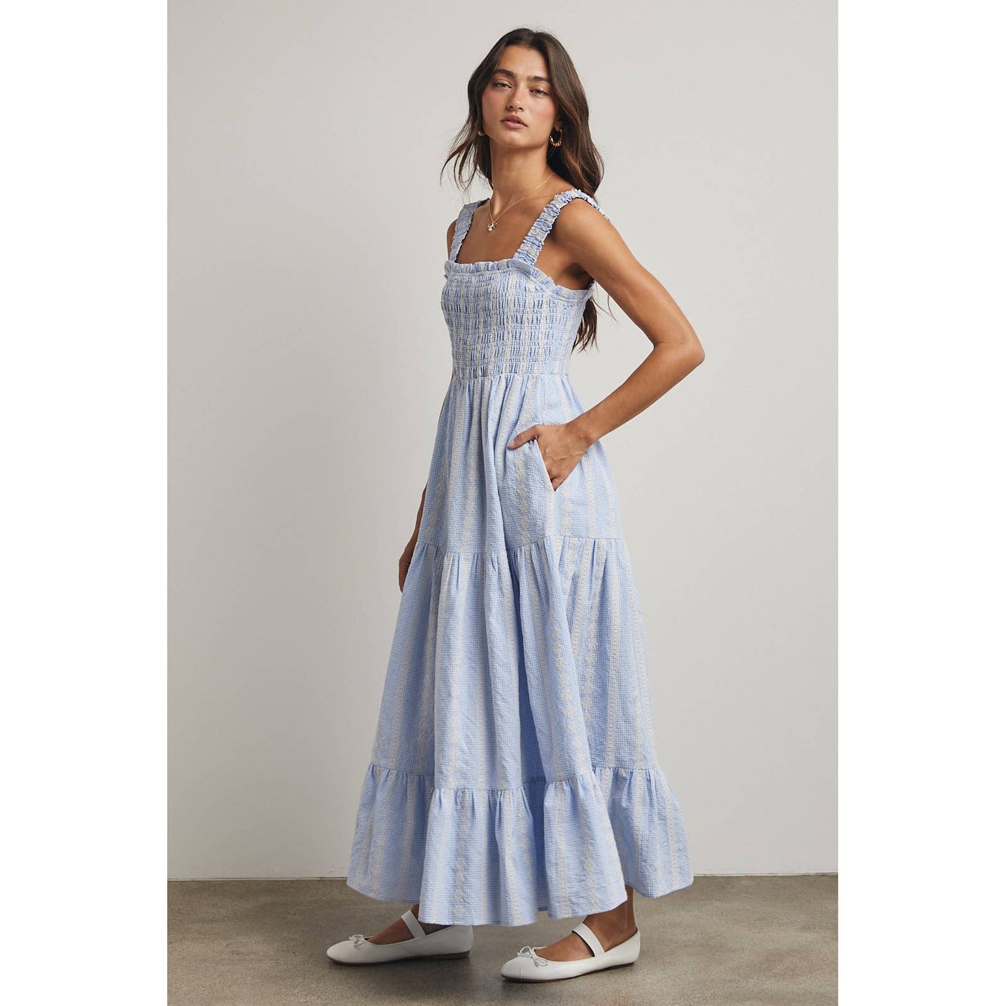 STRIPED SMOCKED MAXI DRESS