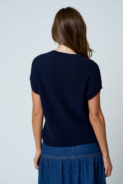 Navy Drop Shoulder Short Sleeve Sweater with Pocket