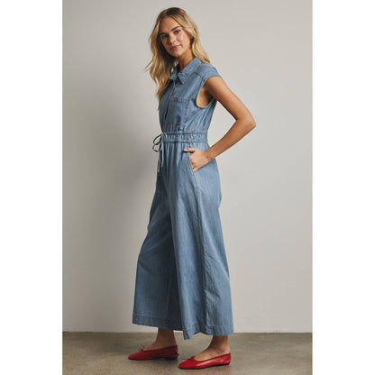 COTTON DENIM BUTTON-UP JUMPSUIT