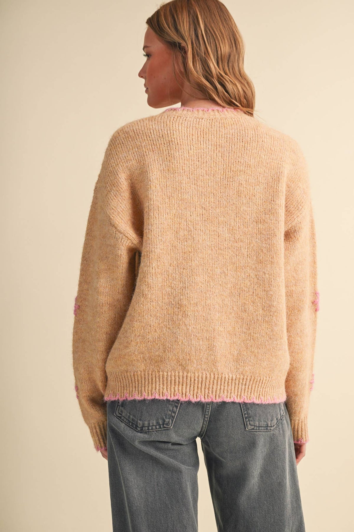 Desert Rose Scalloped Edge Pullover Sweater with Hand Embroidered Floral