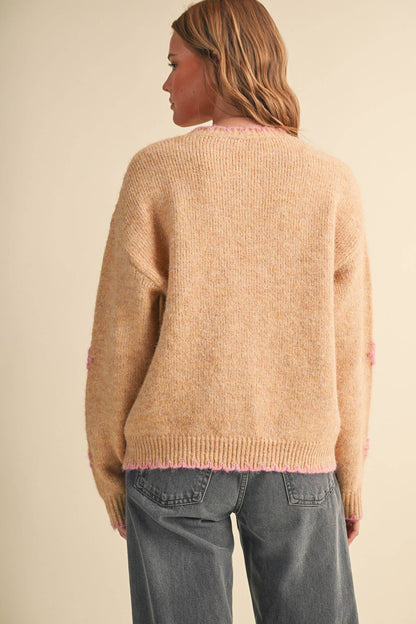 Desert Rose Scalloped Edge Pullover Sweater with Hand Embroidered Floral