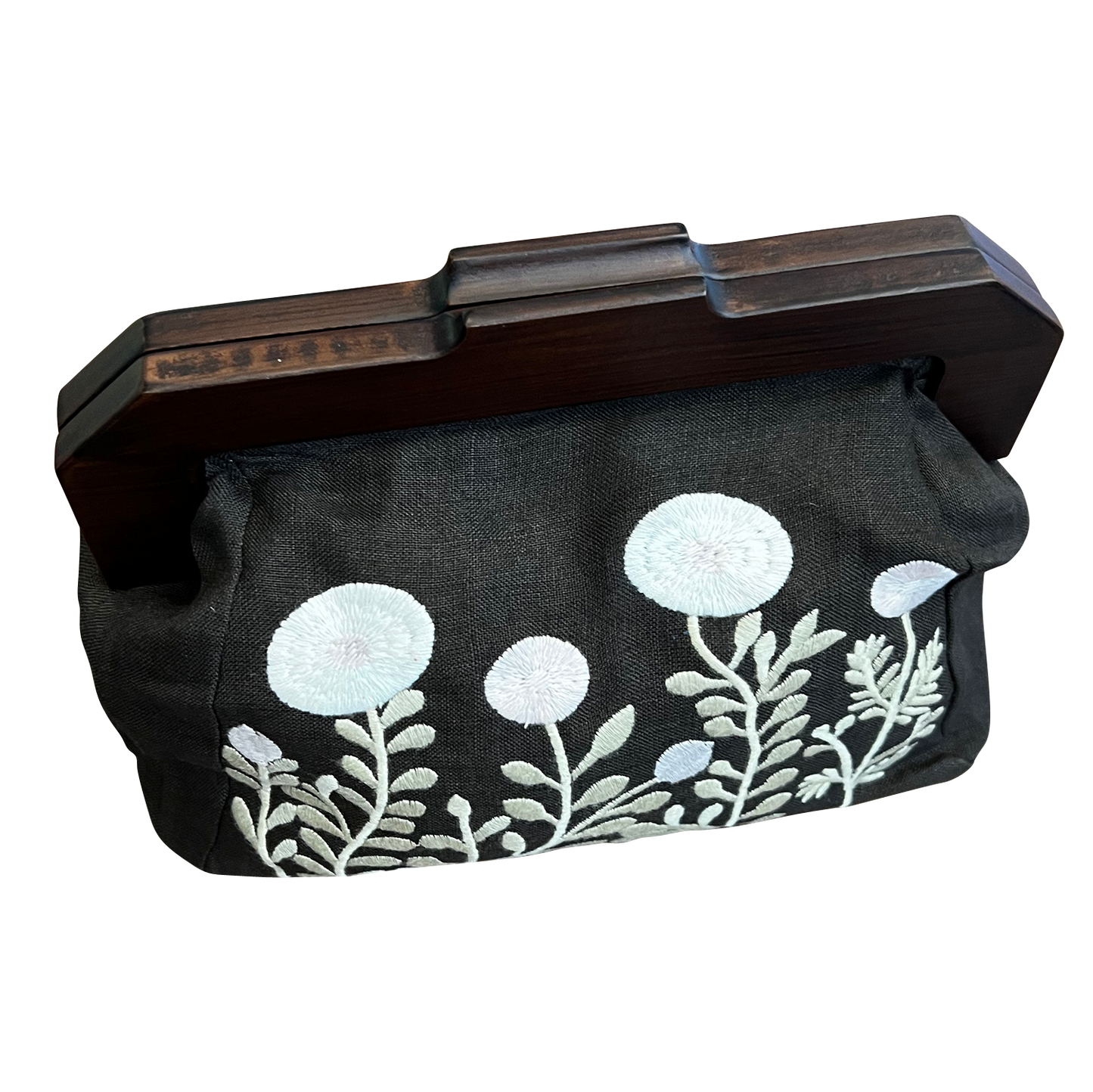 Embroidered Garden Cotton Wooden Handle Clutch Bag for Women