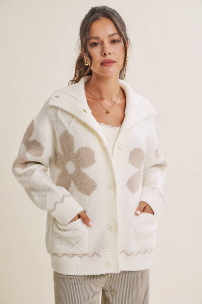 French Cottage Floral Intarsia Sweater Jacket Cardigan