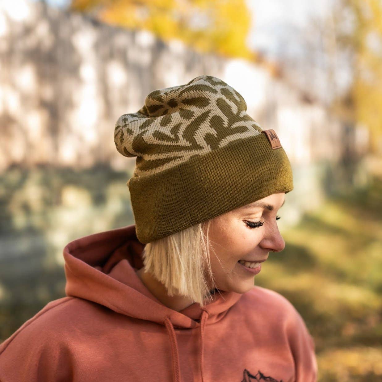 Floral Pattern Fold Over Beanie