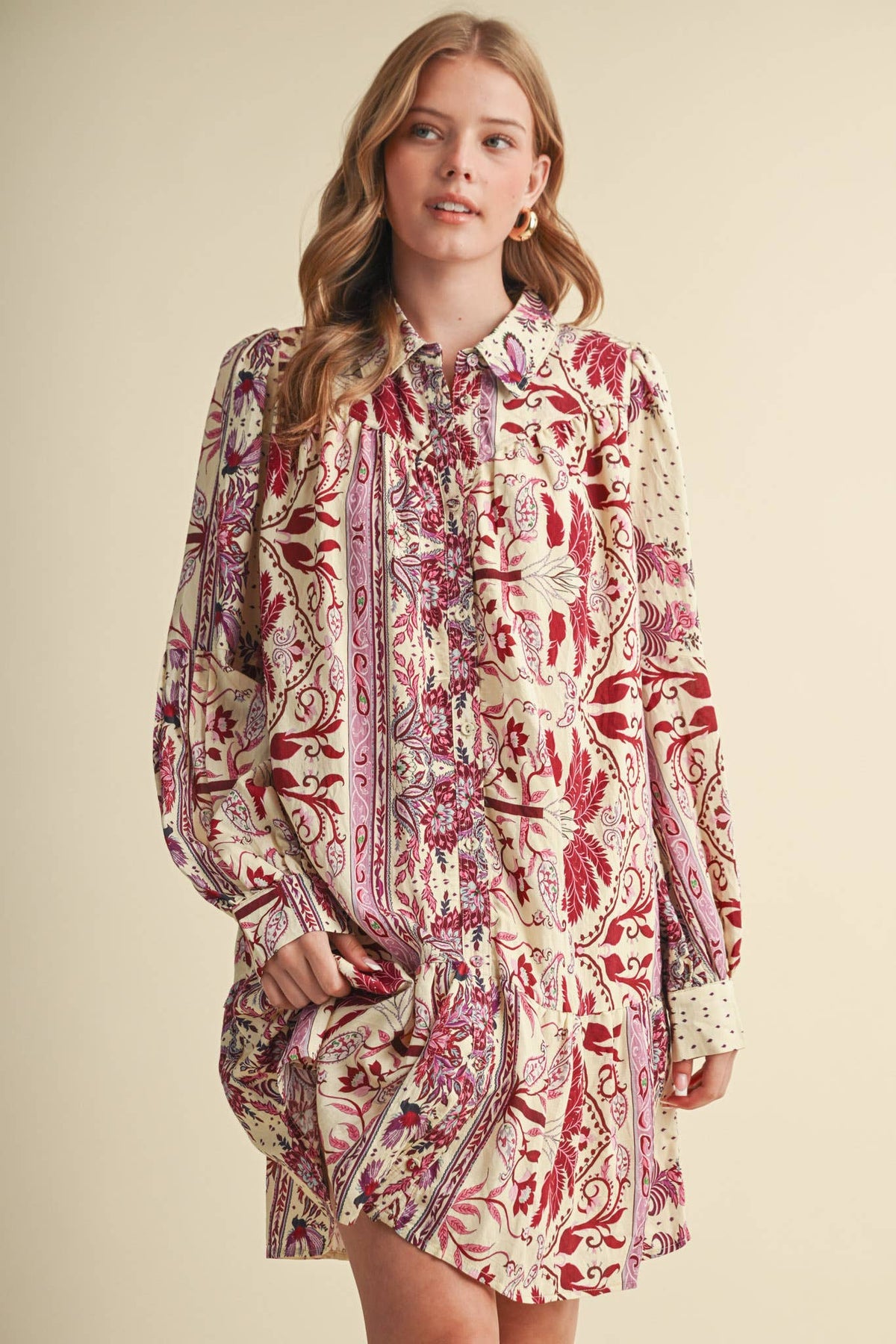 Fuchsia Paisley Print Button Down Mini Dress
