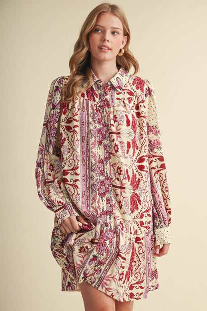 Fuchsia Paisley Print Button Down Mini Dress