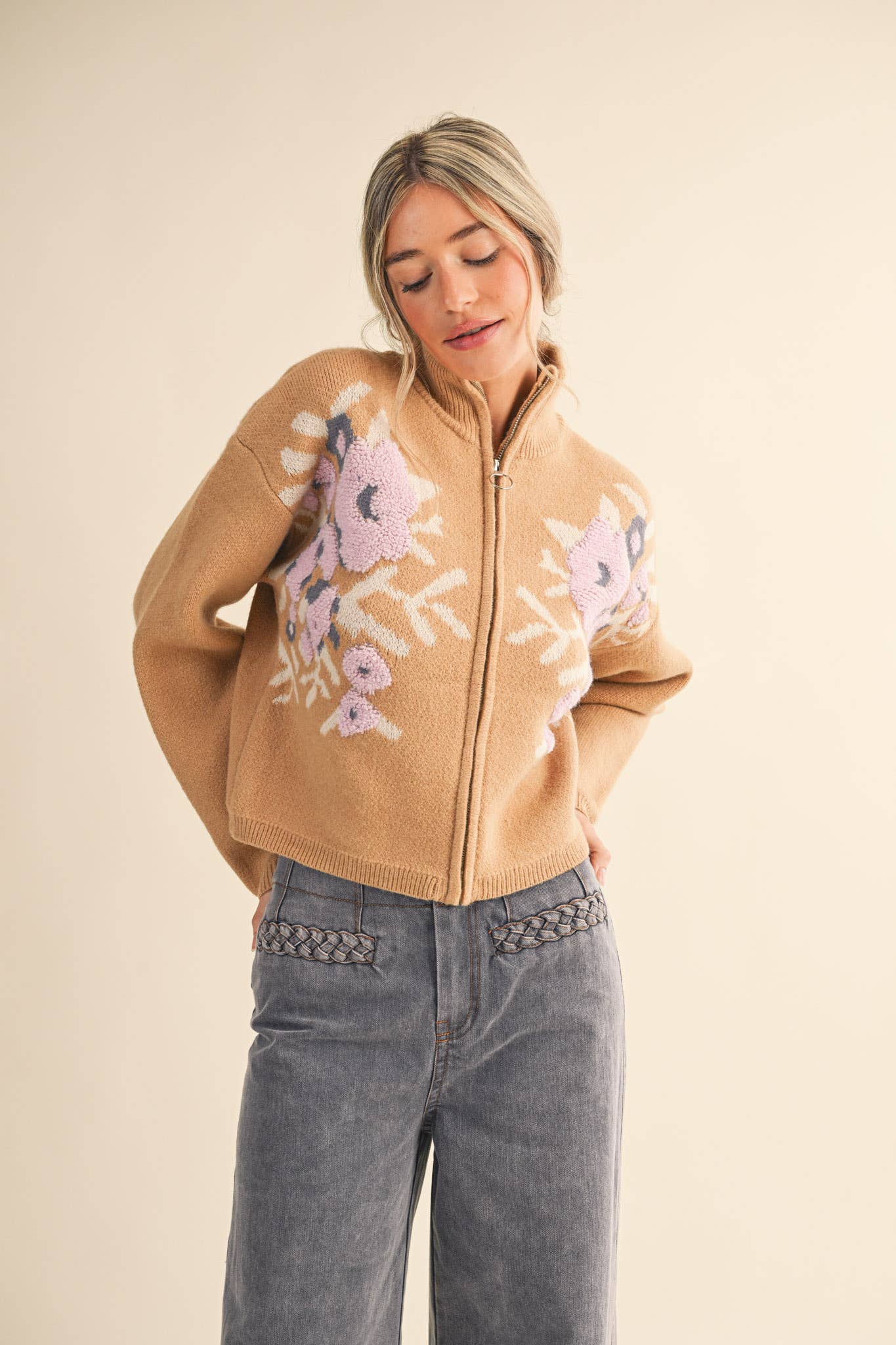 Floral Zip Up Sweater Cardigan