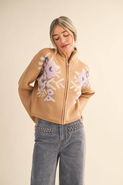 Floral Zip Up Sweater Cardigan