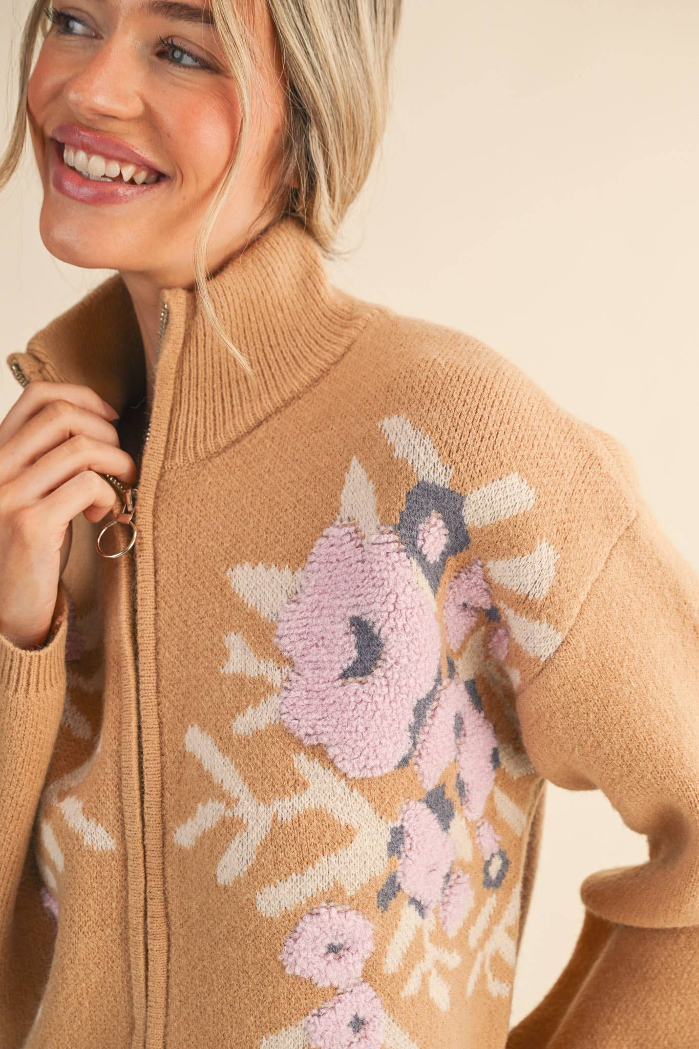 Floral Zip Up Sweater Cardigan
