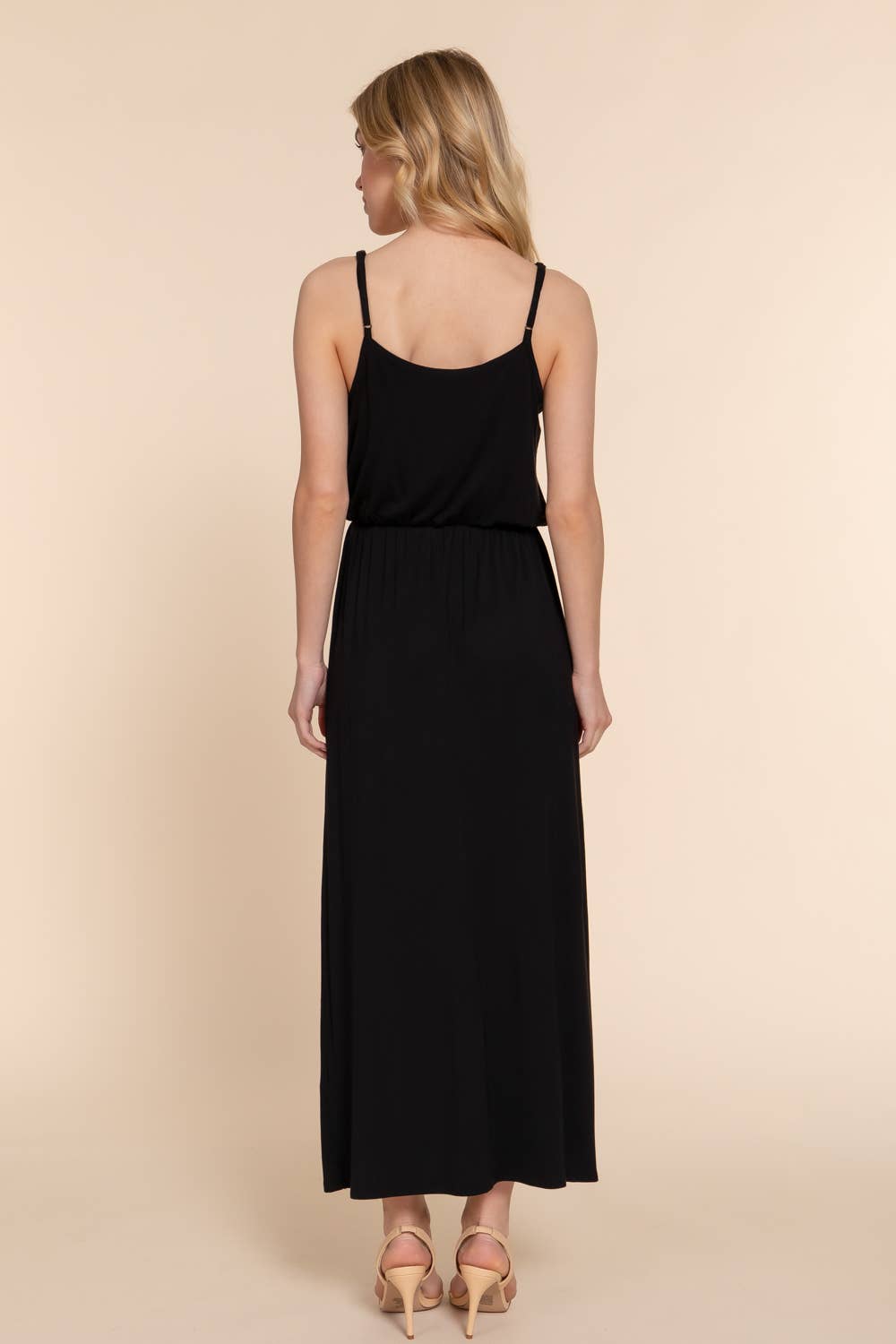 Black Fitted Waist Elastic Midi Cami Knit Dress