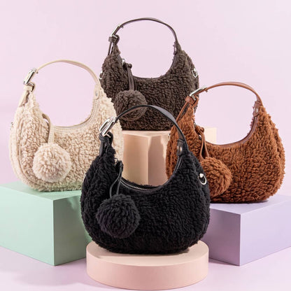 Sherpa Fleece Pom Charm Hobo Bag