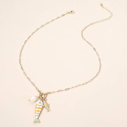 Pearl Fish Charm Pendant Necklace