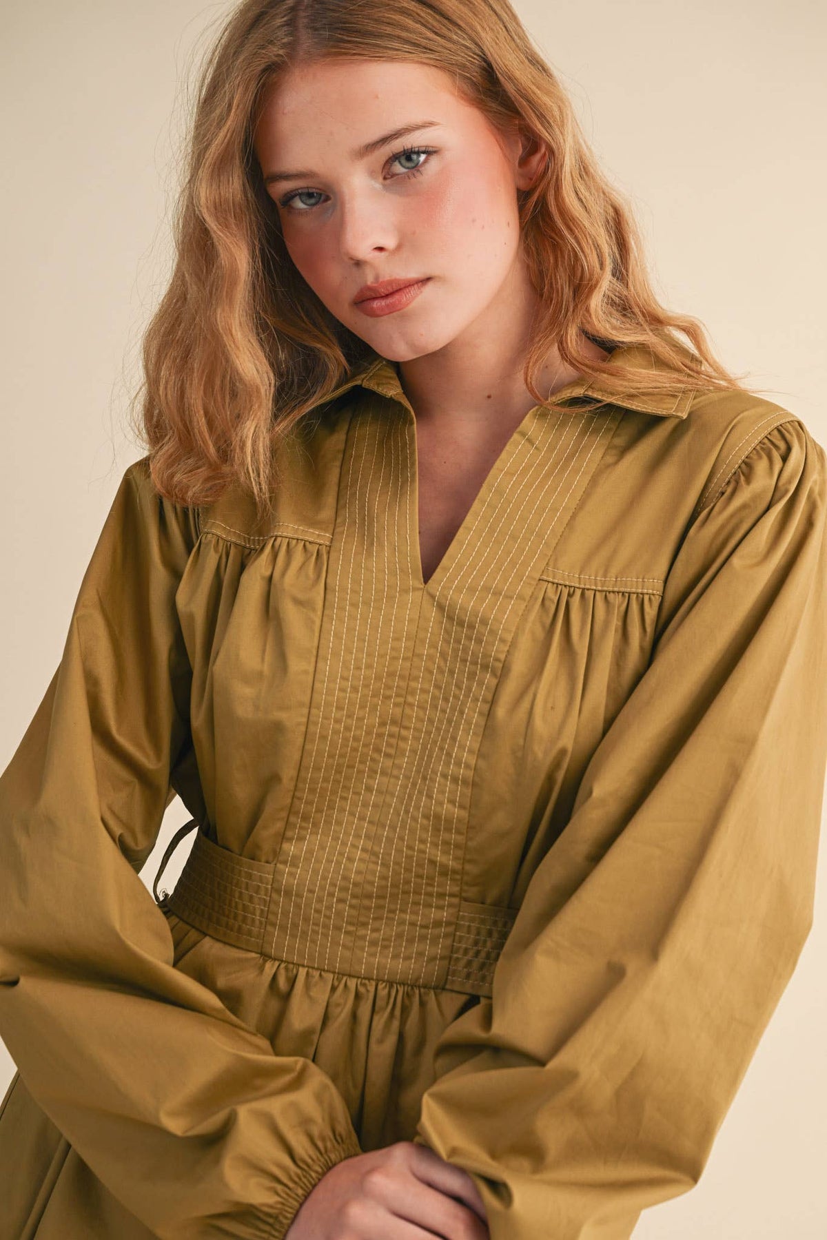 Embroidered Seam Detail Sage Mini Dress