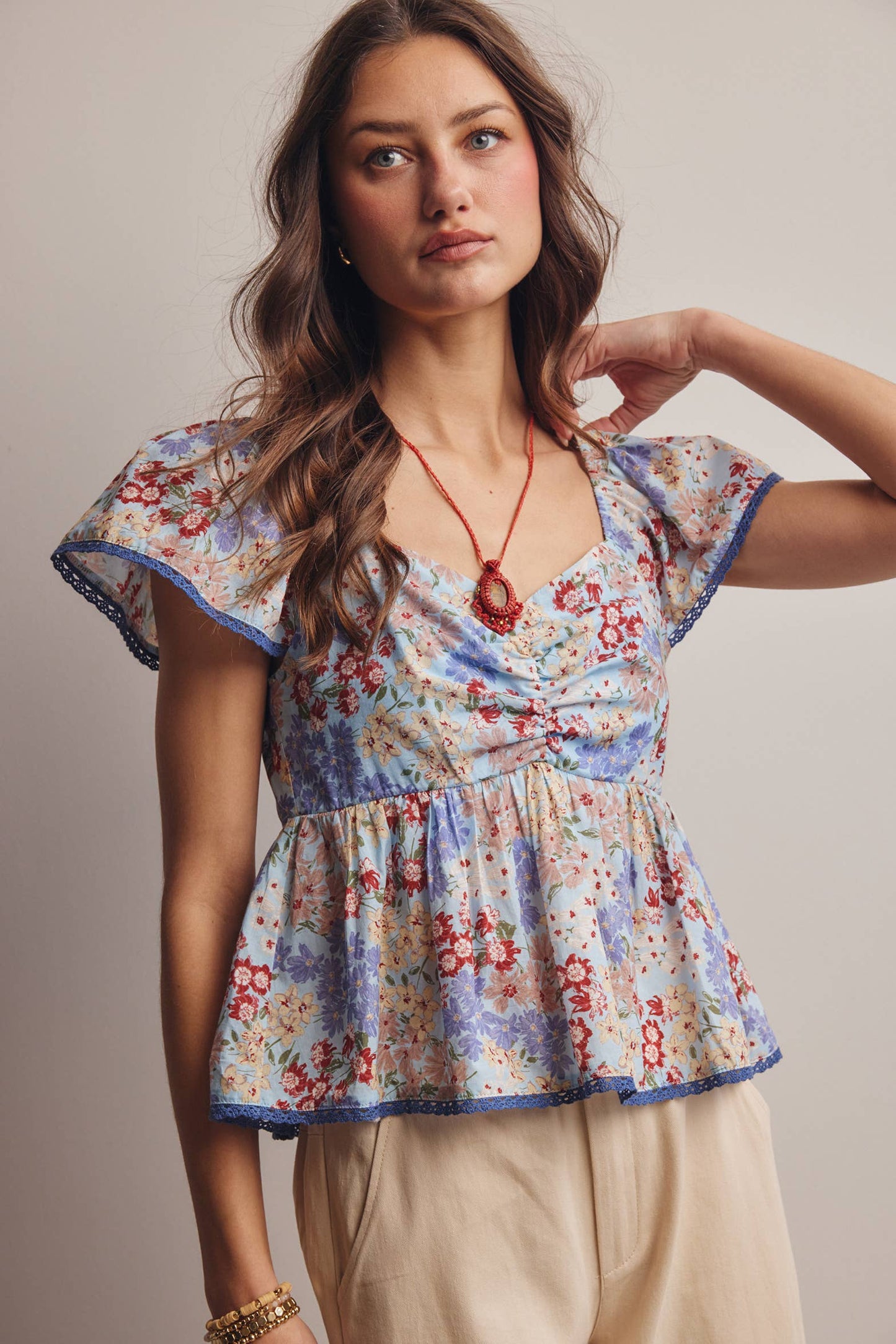 Floral Ruched Peplum Cotton Top