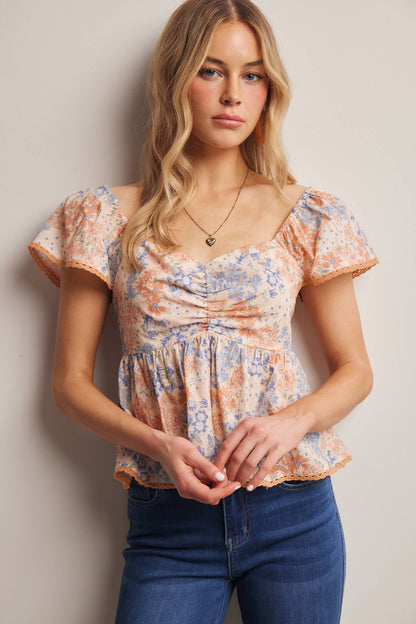 Floral Ruched Peplum Cotton Top
