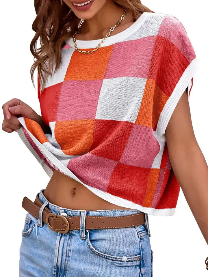 Color Block Checkered Cap Sleeve Sweater Top
