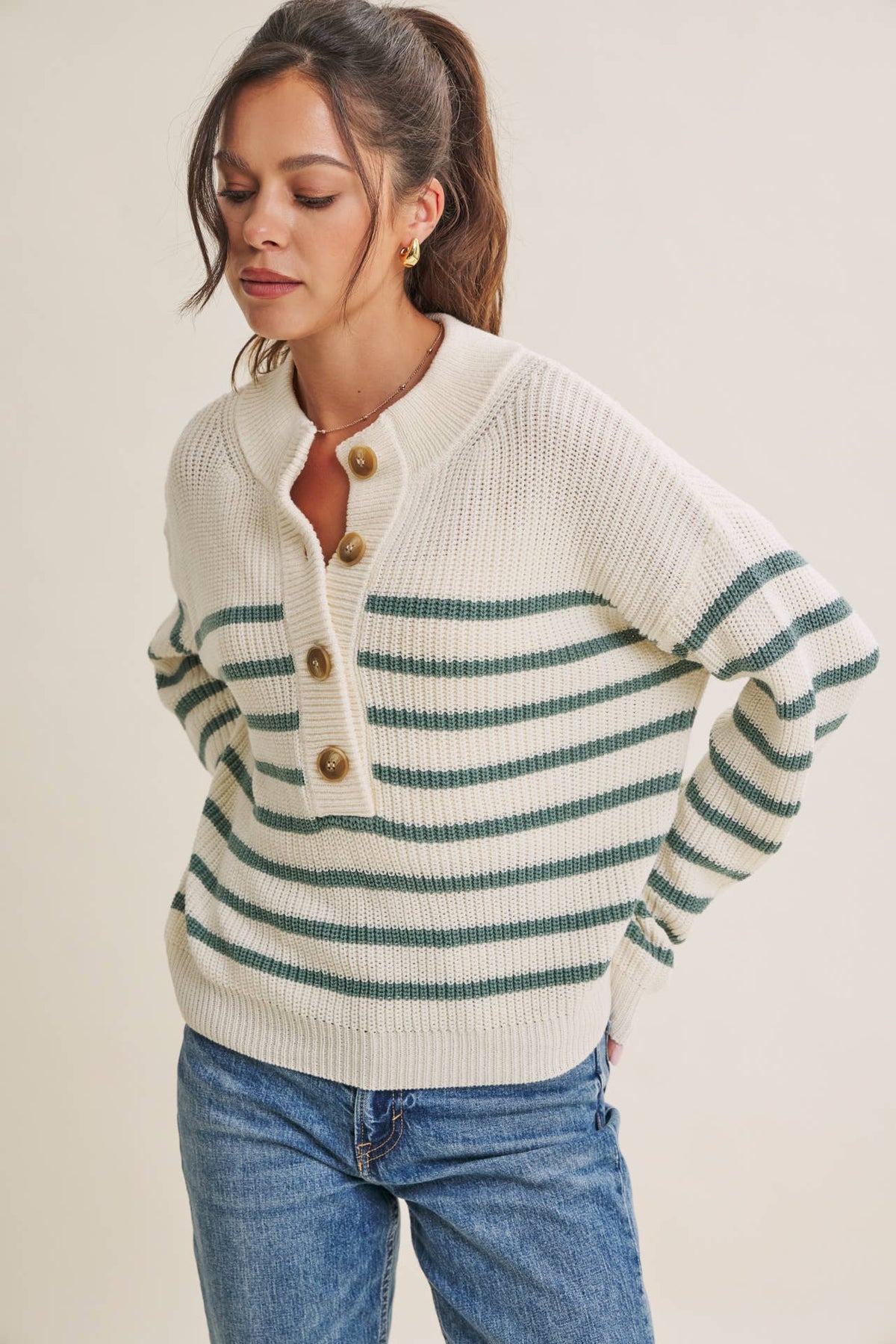 Classic Stripe Henley Sweater Pullover