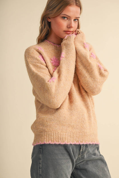 Desert Rose Scalloped Edge Pullover Sweater with Hand Embroidered Floral
