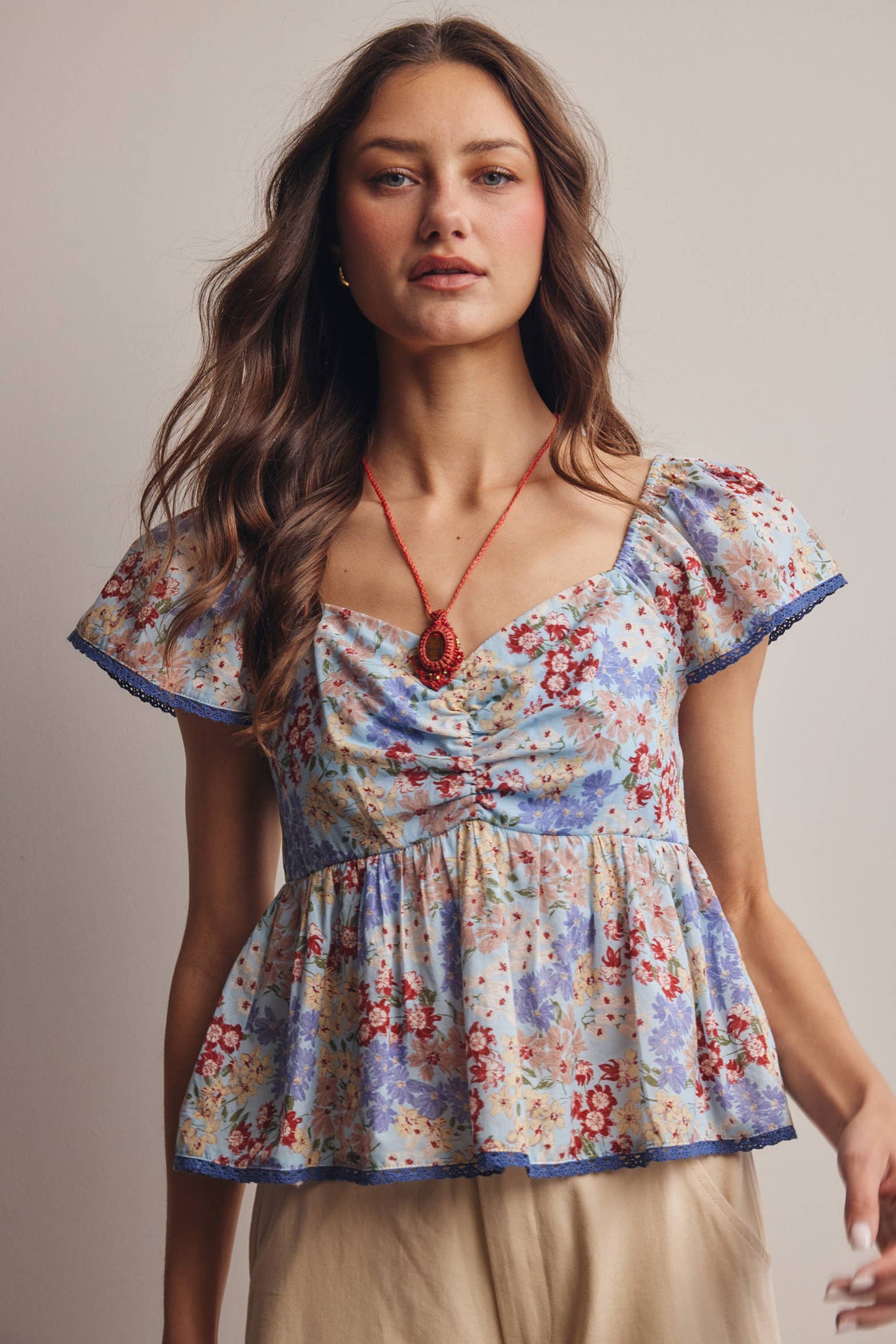 Floral Ruched Peplum Cotton Top