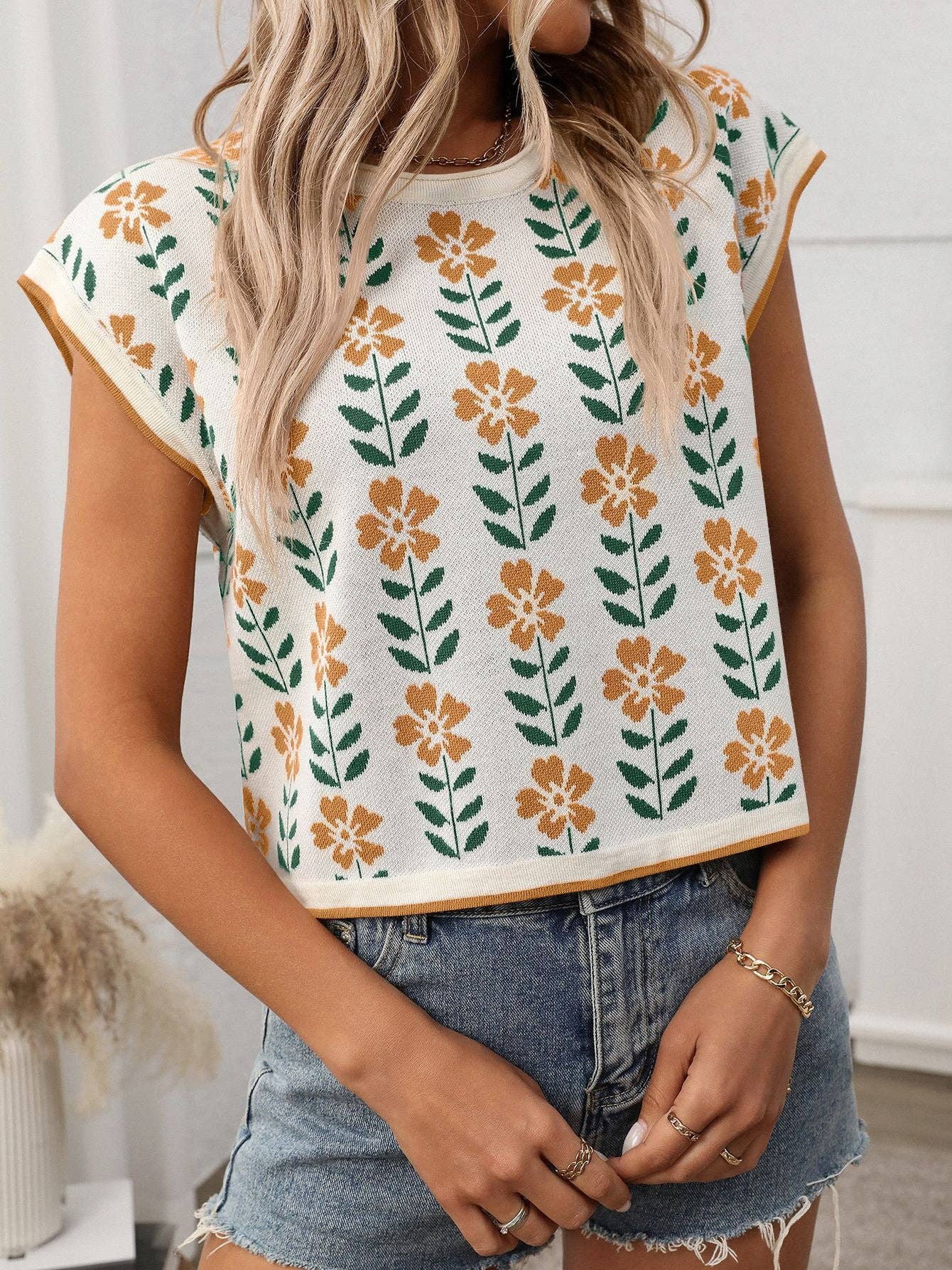 Retro Floral Knit Short Sleeve Vintage Pullover Tee
