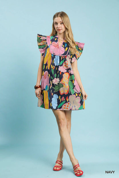 Abstract Floral Ruffle Sleeve Dress