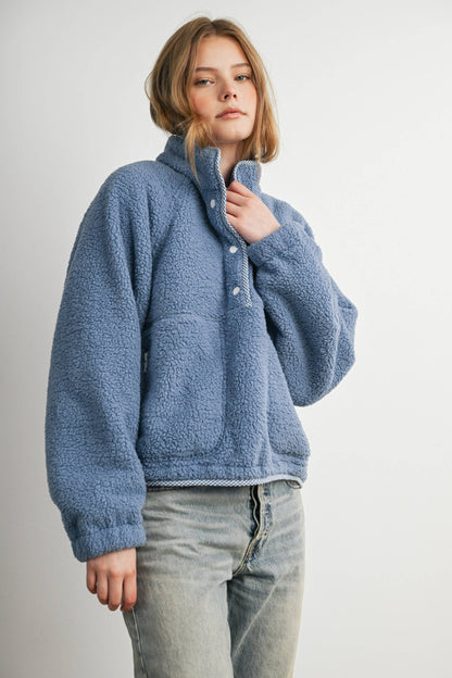 Blue Casual Half Button Fleece Sweatshirt
